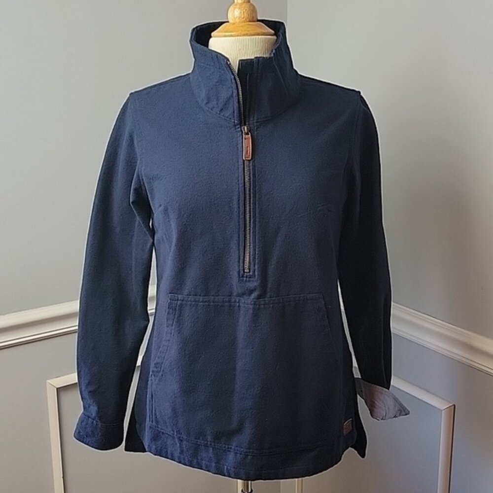 L.L. BEAN Navy Blue Flannel Mock Neck Hi Low Hem‎ Pull Over Half Zip Shacket Top